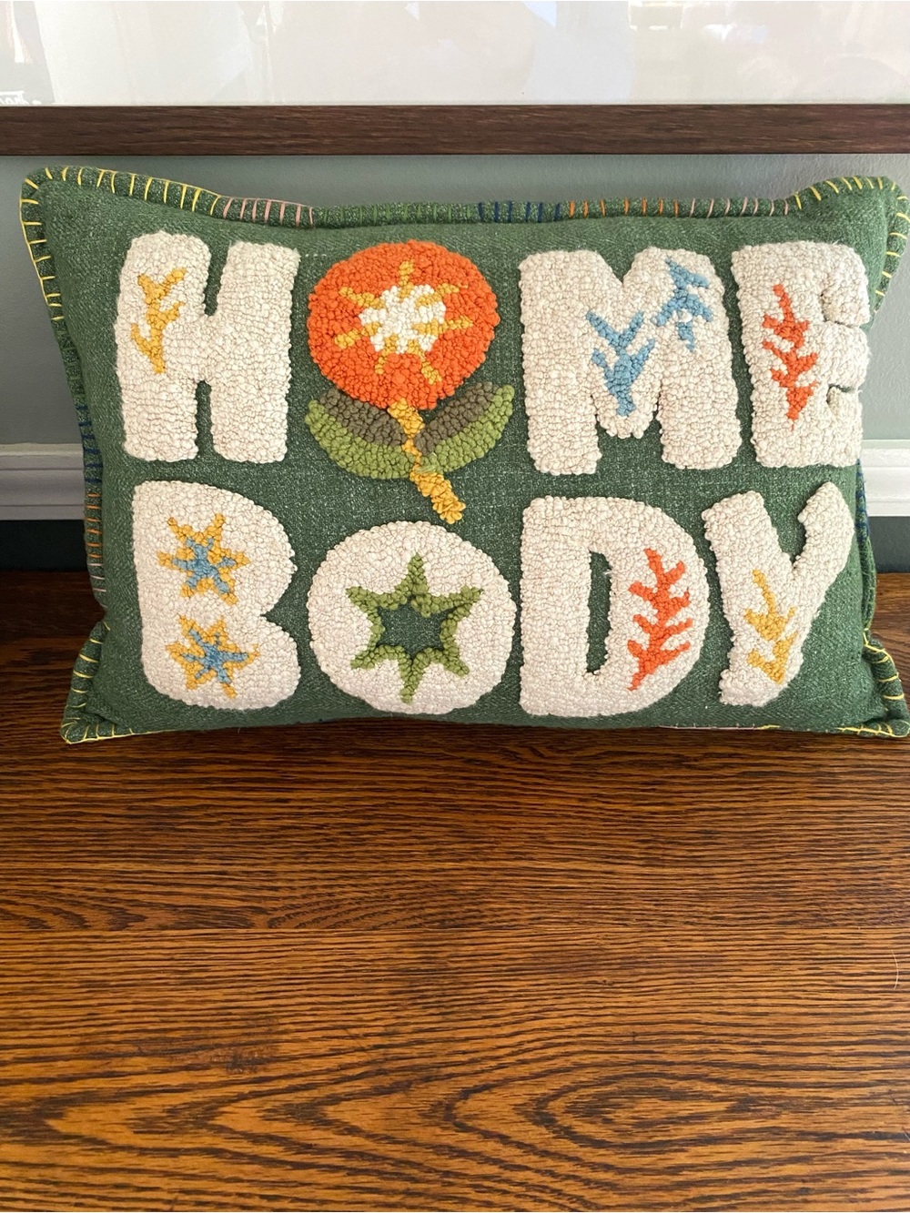 World Market Green Tufted Homebody Lumbar Pillow Crewel Floral Boho